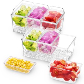 Lifewit 2 Pack Ice Chilled Condiment Caddy with 3 Containers(2.5 cup), Condiment Server with Separate Lids, Serving Tray Platter for Bar Accessories, Fruit, Salad, Taco, Party Garnish