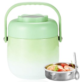 PORFOYO Thermal Food Container, 1500 ml, Stainless Steel Food Warming Container, Thermal Lunch Box with Foldable Spoon, Food Container for Picnics, Schools and Offices, Colour Gradient Green