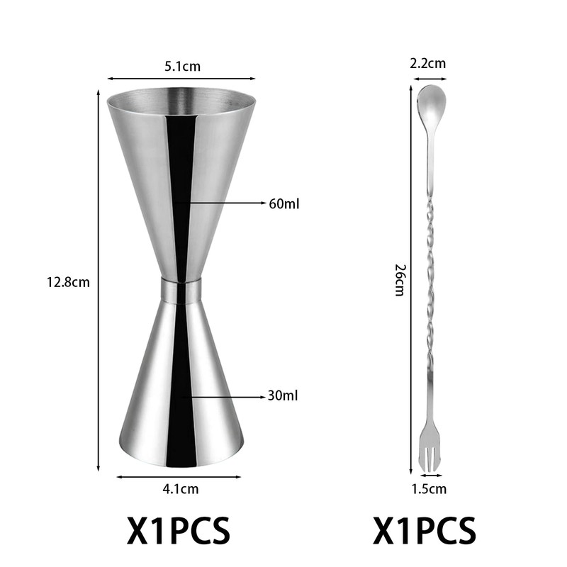 1 Cocktail-Messbecher mit 1 Cocktail-Löffel, 30ml/60ml Cocktail-Messbecher, doppelseitiger Messbecher mit