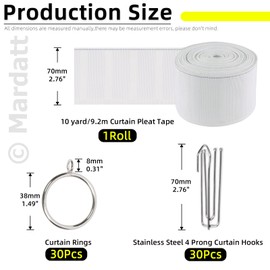 Mardatt Curtain Pleated Tape Set, 61Pcs Cotton/Polyester, Includes 4 Prongs Stainless Steel Hooks & Rings with Eyelet for Shower Door Decoration
