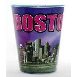 Boston Massachusetts Purple Grey Skyline Outside Blue Skyline Inside Shot Glass
