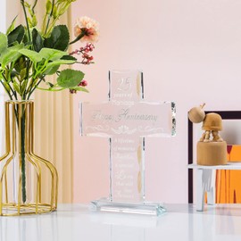 YWHL Wedding Anniversary Glass Cross Gifts, Laser Engraved Silver Word 25th Anniversary Standing Cross Gifts for Couple, 25 Years of Marriage Cross Decorations (7.9"x5.5")