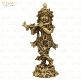 Shyam Antique Creation Standing Brass Krishna Playing Flute Idol Dwarkadhish Statue Sculpture Figurine