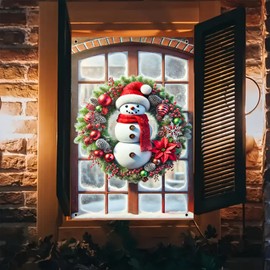 BlissYard Christmas Window Cover Winter Door Banner Snowman Wreath Photography Backdrop 31x47 inch Holiday Display Scene Panel Reusable Winter Wall Poster Festive Decor Prop
