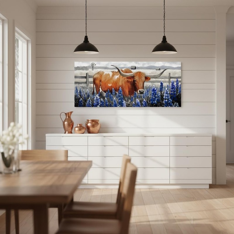 Conipit Longhorn Cattle Wall Art Bluebonnet Pictures Western Canvas Art,