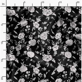 Soimoi Leaves & Roses Print - Black, Canvas Fabric Material - 56 Inch Wide, 1 Metre, Unstitched Fabric for Upholstery, Bags, Workwear and Outdoor Gear.