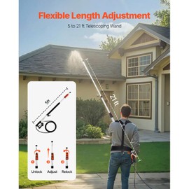 Happybuy 21 ft Pressure Washer Telescoping Wand, 4000 psi, Telescopic Spray Wand with Gutter Cleaner, Brush Head, Pivoting Coupler, 7 Spray Nozzles, and Support Harness