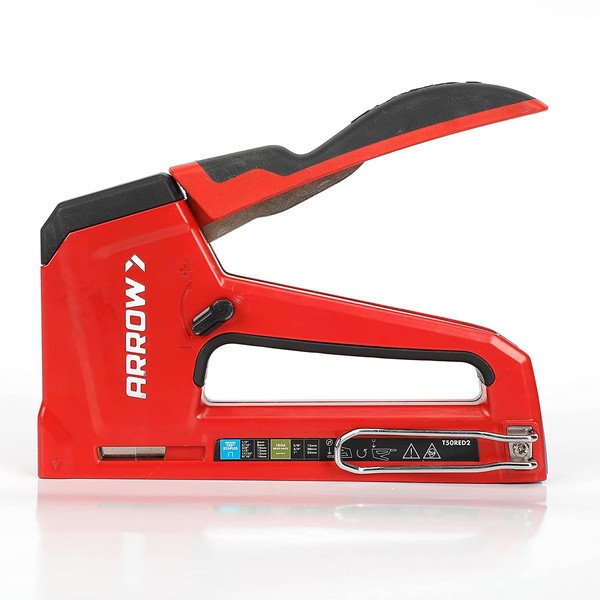 Arrow T50RED2 Heavy Duty Manual 2-in-1 Staple Gun and Brad Nailer for Upholstery, Framing, Insulation, Crafts, and Furniture, Red