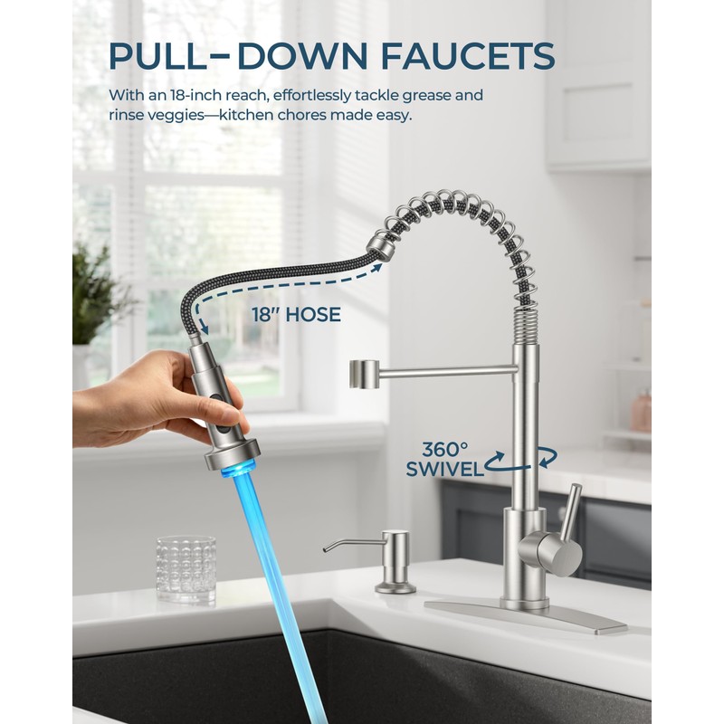 FORIOUS LED Kitchen Faucet with Soap Dispenser, Brushed Nickel Stainless