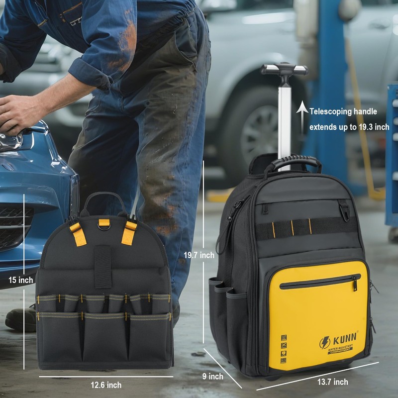 KUNN Rolling Tool Backpack with Wheels, Heavy Duty Waterproof Wheeled