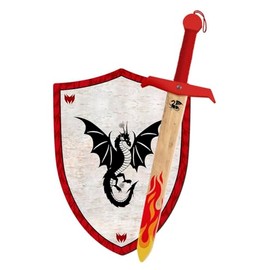 Knight or Dragon Wooden Sword and Shield, Handmade Toy for Boys, Girls, Children - Addition for Games, Imitation Games, Costumes, Medieval Warrior Theme Party (F. Dragon)