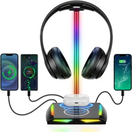 New bee Headphone Stand RGB Headset Holder with Wireless Charger, Headset Stand Gaming Headphone Holder with 2*USB-C and 1*USB Charging Ports, 7 Light Modes and Non-Slip Rubber Base (Black)