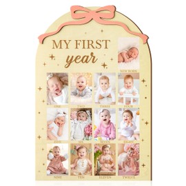 R HORSE My First Year Photo Frame Board, Pink Bow Display Wood Board, Baby’s First Year Picture Frame, 12 Months Milestone Board 1st Birthday Frame Nursery Decoration, Baby Keepsake Gift for Boy Girl
