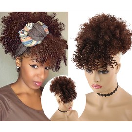 CINHOO Afro High Puff Hair Bun Ponytail Drawstring With Bangs Synthetic Short Kinkys Curly Pineapple Pony Tail Clip in on Wrap Updo Hair Extensions for African American Women (33#)