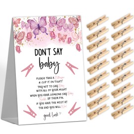 scodilo Don't Say Baby Game, Baby Shower Game Sign (1 Sign + 50 Mini Clothespins), Butterfly Baby Shower Game for Gender Reveal Party Decorations, Party Favors Supplies-(MQ-1-1)