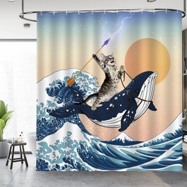 Aimego Long Funny Shower Curtain - Cute Cat Riding Shark in Ocean Wave, Whale Cat Fabric Cloth Fun Bath Shower Curtain Set with 12 Hooks for Bathroom Decor Bathtub Curtain, 72"x78"