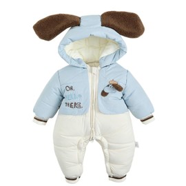 JiAmy Baby Winter Snowsuit, Infant Hooded Romper Newborn One-piece Outfit with Elasticated Cuffs Color-Blocked Cartoon Jumpsuit Zipper and Button for 6-9 Months