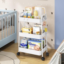 TOOLF 3-Tier Metal Rolling Cart, Utility Cart with Hooks Trolley on Wheels Storage Organizer Serving Cart Mobile Rolling Storage Cart for Office, Bathroom, Kitchen, Kids' Room, Classroom White