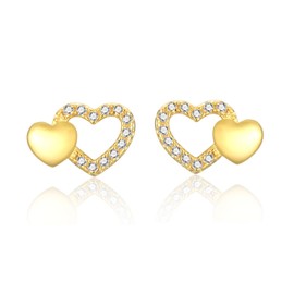 Women's Stud Earrings 925 Sterling Silver / Gold-Plated Earrings Small Heart Stud Earrings with Zirconia for Girls Women, Yellow Gold
