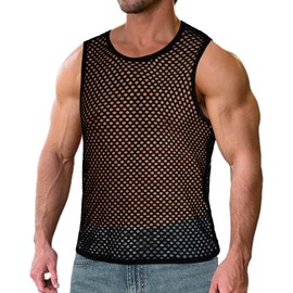 ZNVGIRL Men's Mesh Tank Top Fishnet Tshirts Fitted Sleeveless Muscle Blouse(Black,XL)