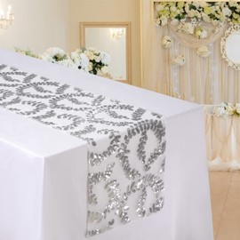 MengH-SHOP Table Runner Glitter Round Sequins Fabric for Wedding Birthday Party Baby Showers Table Cloth Decoration 12 * 110 inch Silver Leaves