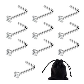 SLEEKEE 10 Pieces Clear Crystal Nose Studs, 1 Piece Velvet Bag, Pierced Nose Studs Made of Sterling Silver, Micro Crystal Stud Earrings, L-shaped Nose Studs, Silver Stud Earrings (0.8 mm), Stainless