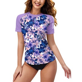 Women's Short Sleeve Uv Crew Neck Rash Vest Swim Top Sun Protection Print Swimwear Puiple Floral M