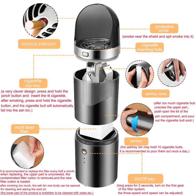 2 in 1 Handheld Multifunctional Smokeless Ashtray USB Rechargeable Ash