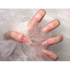 [In-Store Special Discount]Pink Heart Peach Cheek Handmade Nail Tips - Gyaru Stiletto / [입점초특가할인]핑크 하트 복숭아 치크 수제네일팁 - 갸루스틸레토