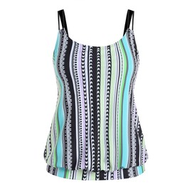 ZAFUL Womens Tankini Tops Blouson Tummy Control Swim Top Loose Fit Bathing Suit Top No Bottom Stripe Green M
