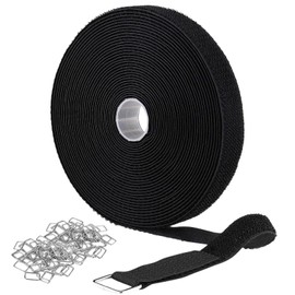 1 Hook & Loop Strap + 50 Metal Buckles,Hook and Loop Straps with Metal Buckles,Cut-to-Length Reusable Cable Ties,Adjustable Fastening Cable Straps,Nylon Securing Cinch Strap,Black (25mm*10m)
