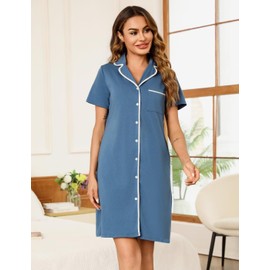 Quoboquo Women Nightdress Cotton NIghties V-Neck Sleepshirt Button Down Boyfriend Style Nightshirt Short Sleeves Sleepwear Loungewear Blue