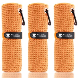 Handy Picks Microfiber Golf Towel (16" X 16") with Carabiner Clip, Waffle Pattern Golf Towel Hook and Loop Fastener - The Convenient Golf Cleaning Towel Orange