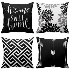 Emvency Set of 4 Black White and Grey Throw Pillow Covers Modern Abstract Geometry Words Sweet Floral Arrow Decorative Pillow Cases Home Decor Standard Square 26x26 Inches Pillowcases
