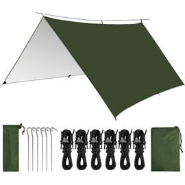 KOIUEYW Tarp Waterproof 3 x 3/3 x 4/3 x 5 m, Camping Tarp Ultralight Tent Tarpaulin Waterproof, Anti-UV Snow Rain Tent Tarpaulin with Eyelets for Camping, Picnic, Hiking, Hammock, Outdoor Activities - Green