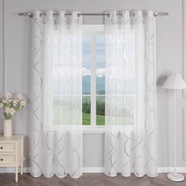 Delien Curtain Scarves, Burnout Transparent Curtains with Eyelets, Modern "Waves" Window Curtains, Living Room, Panel Curtains, Eyelet Curtains with Wave Pattern, Pack of 1, White, W x H 140 x 175 cm