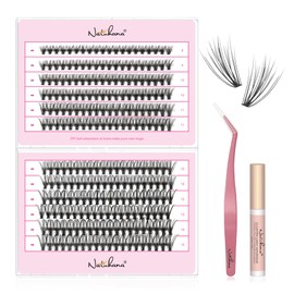 NATUHANA DIY Eyelash Extension Kit, 20P Volume Lash Cluster, 8-15 mm Mixed Tray, 0.07 mm, DIY Eyelash Extension, 240 Pieces Eyelash Cluster Kit with Eyelashes, Tweezers & Glue (20p-Black 8-15 Mix)