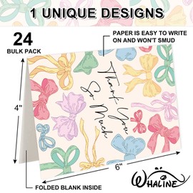 Whaline 24 Pack Bow Thank You Cards Bulk Colorful Bow Knot Greeting Cards With Envelopes Stickers Blank Note Cards for Coquette Birthday Baby Shower Wedding, 4 x 6 Inch