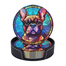 French Bulldog Stained Dog Breed Glass Art Leather Drinks Coasters with Holder Set of 6 for Kinds of Cups