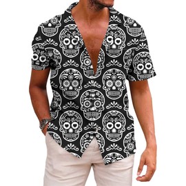 KYKU Day of The Dead Shirts for Men Hawaiian Skull Shirt, Black and White, XL
