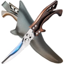 Kitchen Scissors Poultry Scissors Professional heavy duty spring scissors with brown stainless steel handle with lock and black case in box!