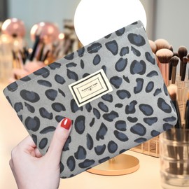 KeYaMee Make Up Bag Cosmetic Bags for Travel Women Corduroy Organizer Pouch Toiletry Bags with Zipper Large Capacity Gift for Girls Mom 28 grey leopard