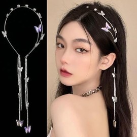 Diadema de mariposa para boda, cadena para la cabeza, borla plateada, aro para el cabello, enredadera para el cabello, cabeza decorativa vintage