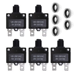 Fuzbaxy 5PCS 5,10,15,20,30Amp Circuit Breakers with Manual Reset 32VDC,AC125-250V with Quick Connect Terminals