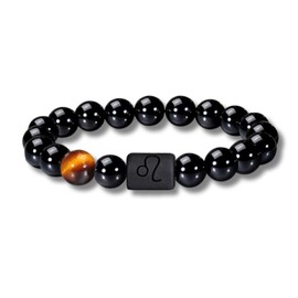 Zodiac Leo Black Beaded Bracelet with Tigers Eye Accent, Astrological Stretch Bracelet, Trendy Jewelry Gift for Leo Women & Men, One Size, Tiger's Eye Black Onyx, no gemstone