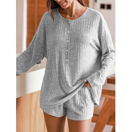 CUPSHE Women Pajama Set Long Sleeve Top and Shorts Sleepwear Matching Lounge Set Loungewear Sweatsuit, gray