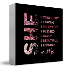 JUIOEIU Inspirational Woman Affirmation Wooden Box Sign, Feminist Gifts, Female Women Empowerment Gifts, Motivational Positive Wood Block Sign for Home Office Desk Shelf Tabletop Decor, 5x5 Inch