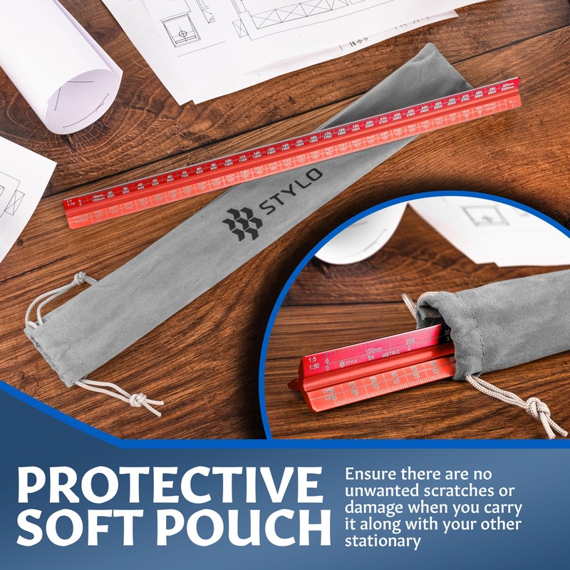 Stylo 12" Aluminum Architect Scale Ruler Laser Etched Triangle Drafting