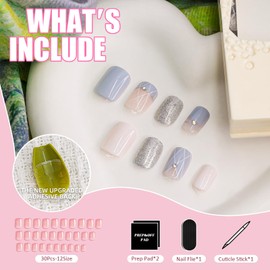 Square Press On Nails - Soft Gel Press On Nails Short with Nail Glue, 15 Sizes - 30 Reusable Fake Nails Kit French with Rhinestone Design