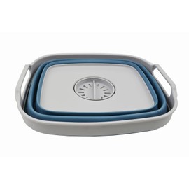 SAMMART 7.5L (2 Gallons) Collapsible Dishpan with Draining Plug - Foldable Washing Basin - Portable Dish Washing Tub - Space Saving Kitchen Storage Tray (Grey/Steel Blue, 1)